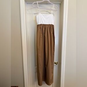 White and Brown Strap long dress with pockets